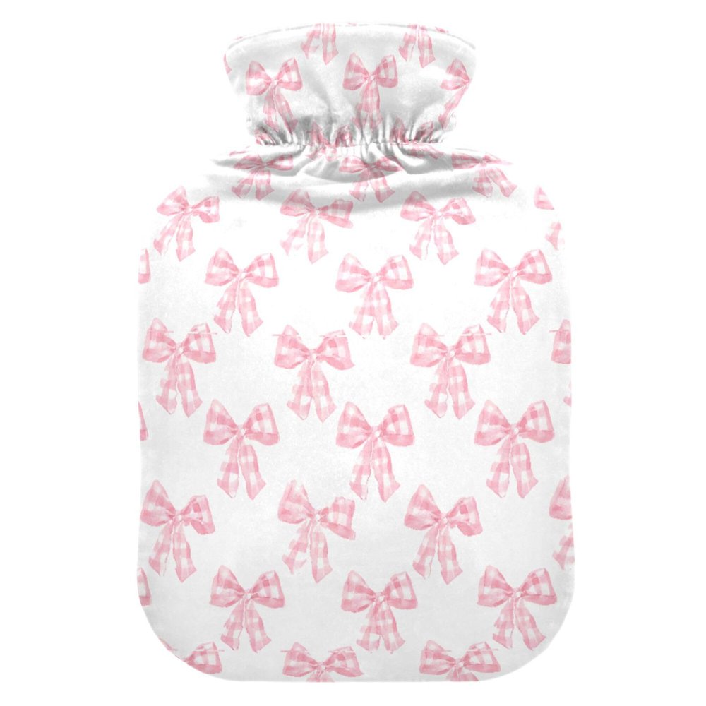 2 L Hot Water Bottle Bows Checkered Hot Water Bottle with Cover Soft Velvet Leak Proof Screw Plug Best for Winter Sports Outdoors