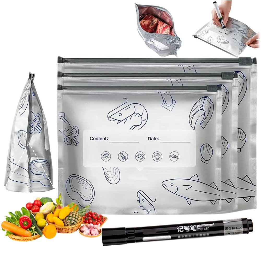30PCS Reusable Aluminum Foil Sealable Storage Bags, 2026 New Resealable Vacuum Zipper Pouches With Label And Zip Lock, Leakproof Stand Up Foil SealableBags for Vegetable Fruit Meat (M,10PCS)