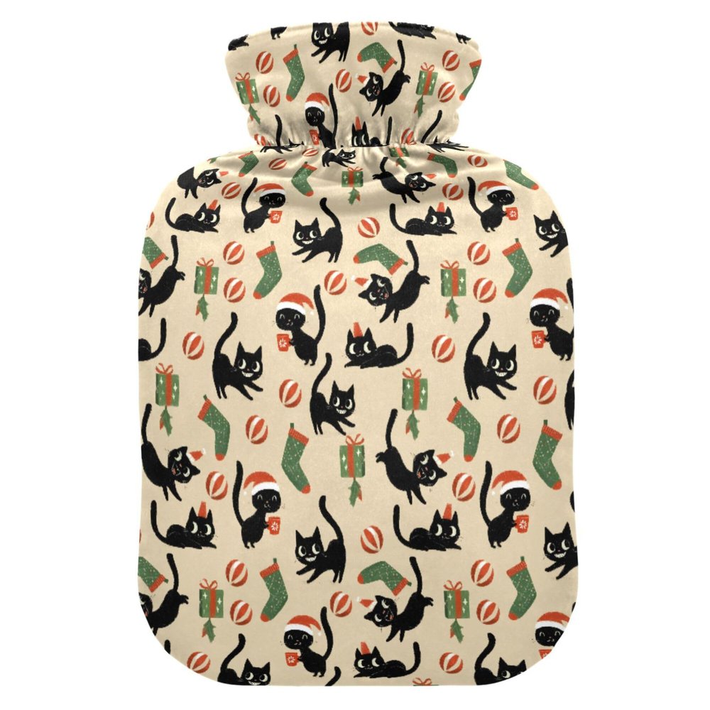 1 L Hot Water Bottle Black Cat Gift Ball Hot Water Bottle with Cover Soft Velvet Leak Proof Screw Plug Best for Winter Sports Outdoors