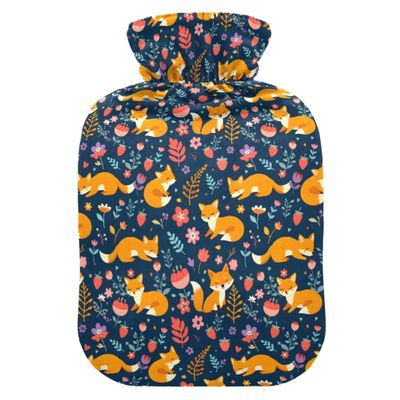 1 L Hot Water Bottle Fox Flower Hot Water Bottle with Cover Soft Velvet Leak Proof Screw Plug Best for Winter Sports Outdoors