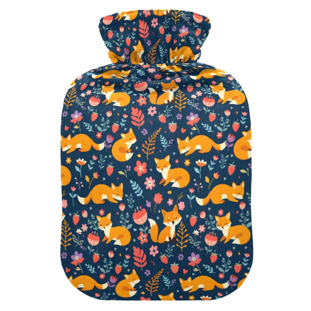 1 L Hot Water Bottle Fox Flower Hot Water Bottle with Cover Soft Velvet Leak Proof Screw Plug Best for Winter Sports Outdoors