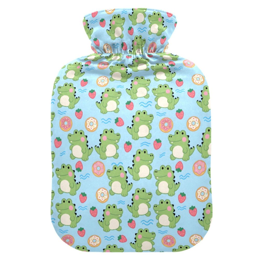 1 L Hot Water Bottle Crocodile Strawberry Donut Hot Water Bottle with Cover Soft Velvet Leak Proof Screw Plug Best for Winter Sports Outdoors