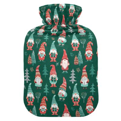 2 L Hot Water Bottle Green Gnomes Tree Hot Water Bottle with Cover Soft Velvet Leak Proof Screw Plug Best for Winter Sports Outdoors