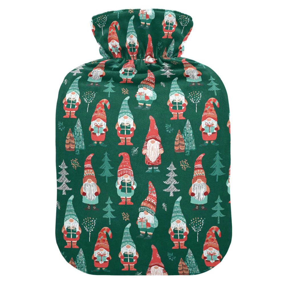 2 L Hot Water Bottle Green Gnomes Tree Hot Water Bottle with Cover Soft Velvet Leak Proof Screw Plug Best for Winter Sports Outdoors
