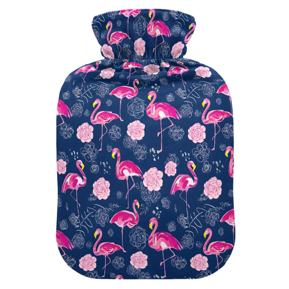 1 L Hot Water Bottle Flowers Flamingo Hot Water Bottle with Cover Soft Velvet Leak Proof Screw Plug Best for Winter Sports Outdoors