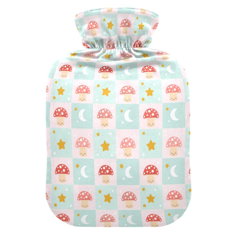 1 L Hot Water Bottle Mushroom Moon Star Hot Water Bottle with Cover Soft Velvet Leak Proof Screw Plug Best for Winter Sports Outdoors