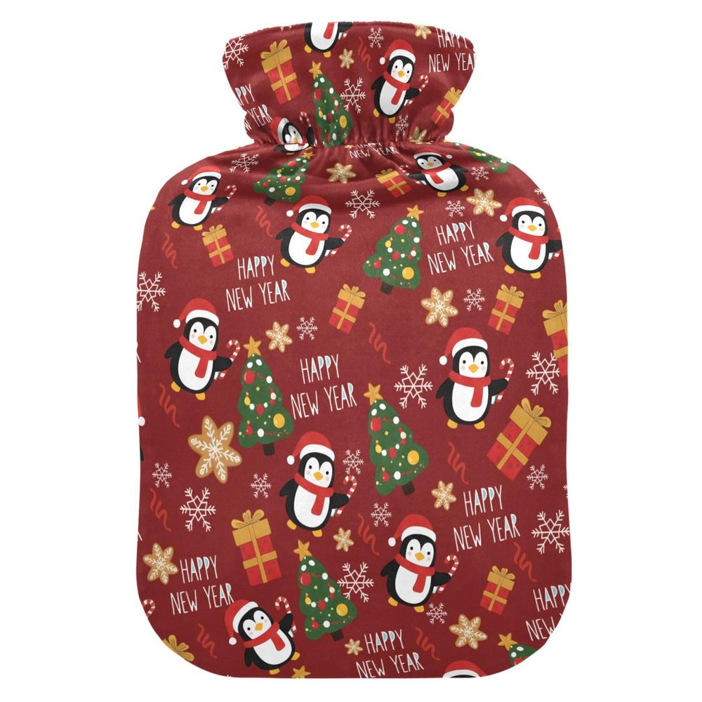 1 L Hot Water Bottle Penguin Christmas Tree Hot Water Bottle with Cover Soft Velvet Leak Proof Screw Plug Best for Winter Sports Outdoors