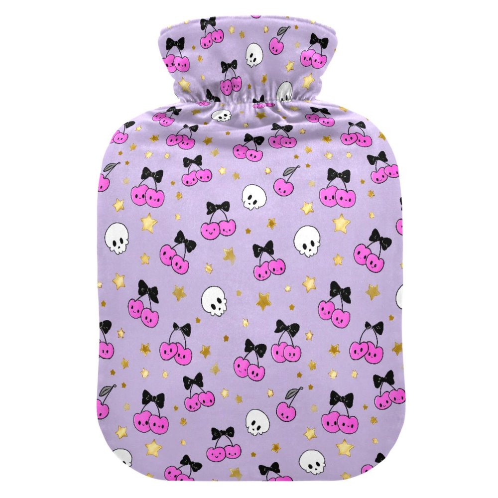 2 L Hot Water Bottle Cherry Skull Hot Water Bottle with Cover Soft Velvet Leak Proof Screw Plug Best for Winter Sports Outdoors