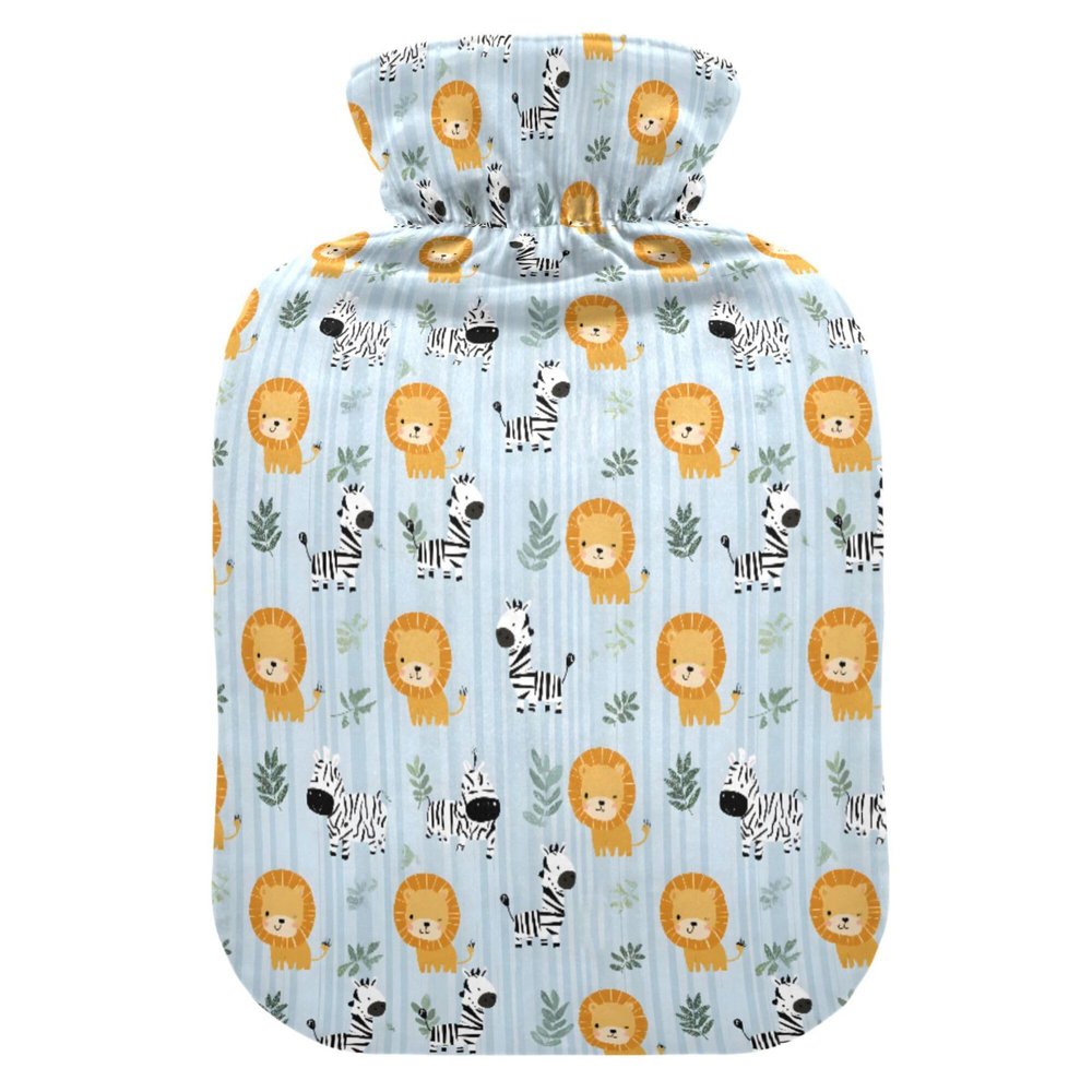 2 L Hot Water Bottle Lion and Zebra Hot Water Bottle with Cover Soft Velvet Leak Proof Screw Plug Best for Winter Sports Outdoors