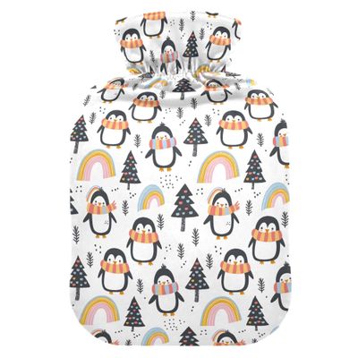 2 L Hot Water Bottle Penguin Rainbow Tree Hot Water Bottle with Cover Soft Velvet Leak Proof Screw Plug Best for Winter Sports Outdoors