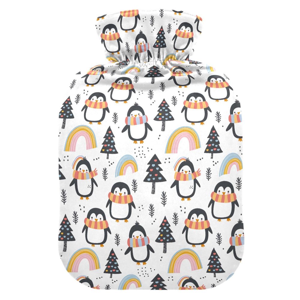 2 L Hot Water Bottle Penguin Rainbow Tree Hot Water Bottle with Cover Soft Velvet Leak Proof Screw Plug Best for Winter Sports Outdoors