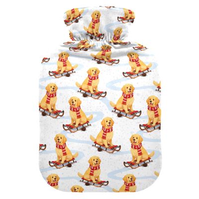 1 L Hot Water Bottle Golden Retriever Snow Hot Water Bottle with Cover Soft Velvet Leak Proof Screw Plug Best for Winter Sports Outdoors