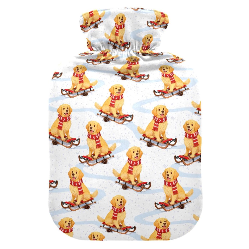 1 L Hot Water Bottle Golden Retriever Snow Hot Water Bottle with Cover Soft Velvet Leak Proof Screw Plug Best for Winter Sports Outdoors