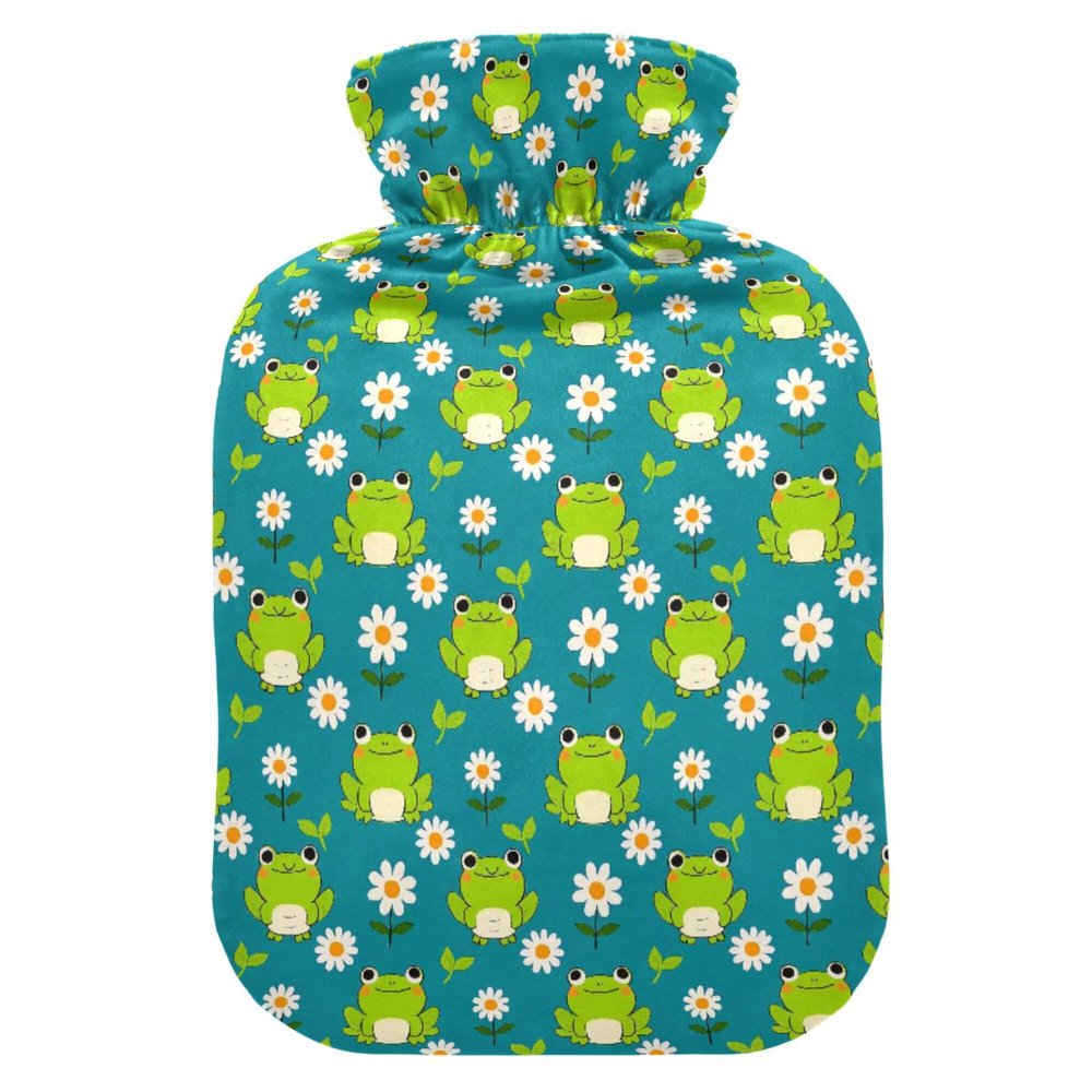 1 L Hot Water Bottle Cute Frog Daisy Hot Water Bottle with Cover Soft Velvet Leak Proof Screw Plug Best for Winter Sports Outdoors