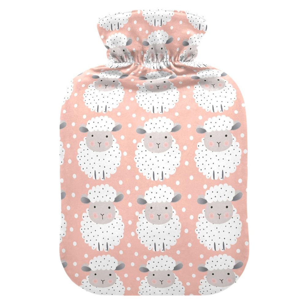 1 L Hot Water Bottle Lamb Pink Polka Dots Hot Water Bottle with Cover Soft Velvet Leak Proof Screw Plug Best for Winter Sports Outdoors