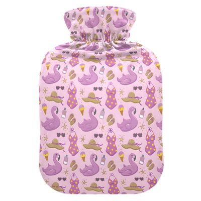 2 L Hot Water Bottle Purple Flamingo Swim Ring Hot Water Bottle with Cover Soft Velvet Leak Proof Screw Plug Best for Winter Sports Outdoors