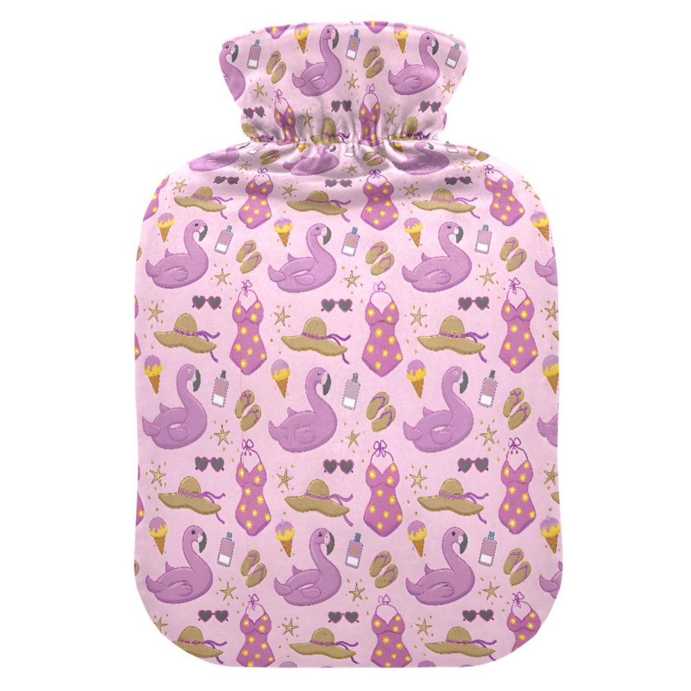 2 L Hot Water Bottle Purple Flamingo Swim Ring Hot Water Bottle with Cover Soft Velvet Leak Proof Screw Plug Best for Winter Sports Outdoors