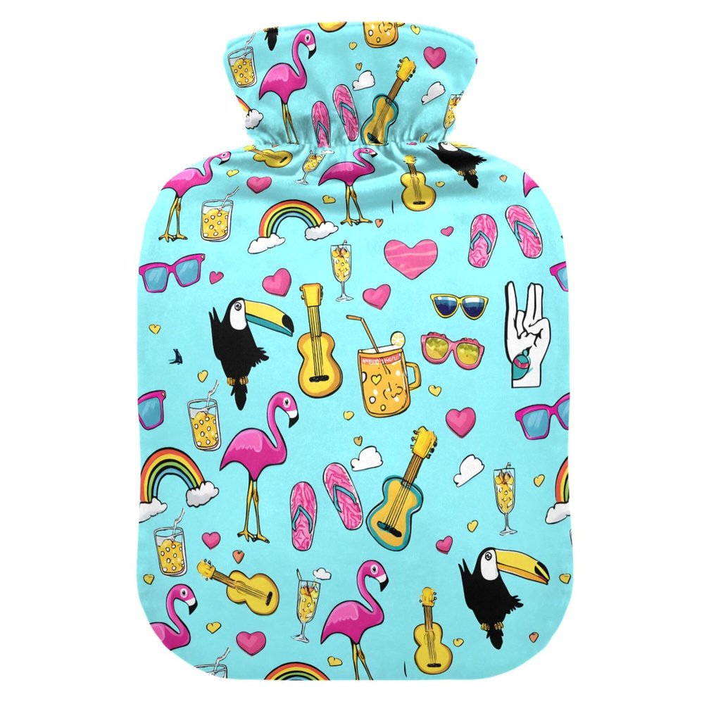 1 L Hot Water Bottle Flamingo Beasts Hot Water Bottle with Cover Soft Velvet Leak Proof Screw Plug Best for Winter Sports Outdoors