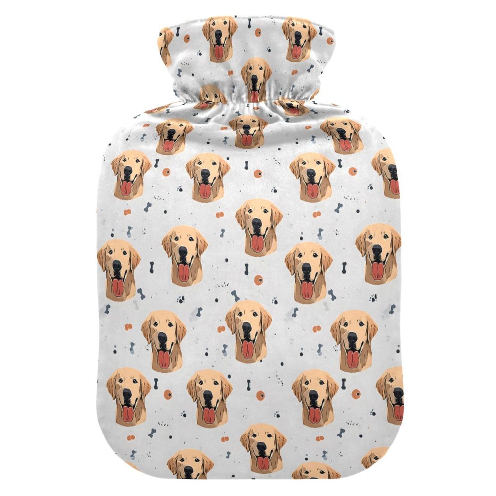 2 L Hot Water Bottle Dog Faces with Bones Hot Water Bottle with Cover Soft Velvet Leak Proof Screw Plug Best for Winter Sports Outdoors