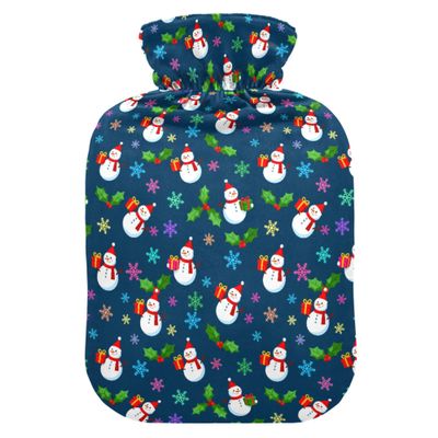 1 L Hot Water Bottle Snowman Snowflakes Gift Hot Water Bottle with Cover Soft Velvet Leak Proof Screw Plug Best for Winter Sports Outdoors