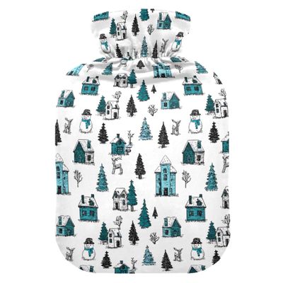 1 L Hot Water Bottle House Snowman Tree Hot Water Bottle with Cover Soft Velvet Leak Proof Screw Plug Best for Winter Sports Outdoors