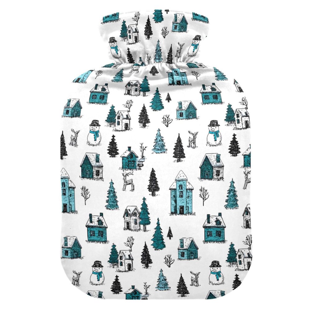 1 L Hot Water Bottle House Snowman Tree Hot Water Bottle with Cover Soft Velvet Leak Proof Screw Plug Best for Winter Sports Outdoors