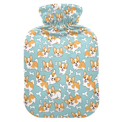 2 L Hot Water Bottle Corgi Puppy White Bones Hot Water Bottle with Cover Soft Velvet Leak Proof Screw Plug Best for Winter Sports Outdoors