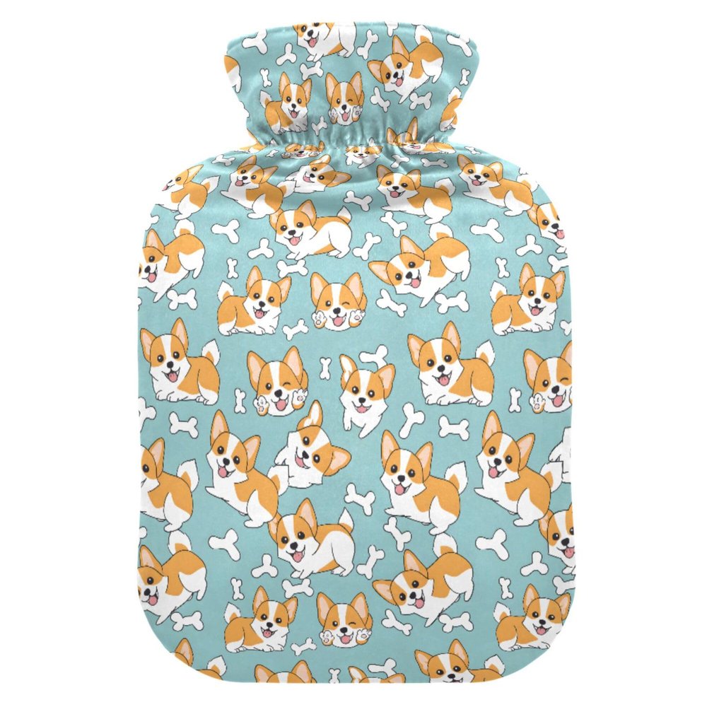 2 L Hot Water Bottle Corgi Puppy White Bones Hot Water Bottle with Cover Soft Velvet Leak Proof Screw Plug Best for Winter Sports Outdoors
