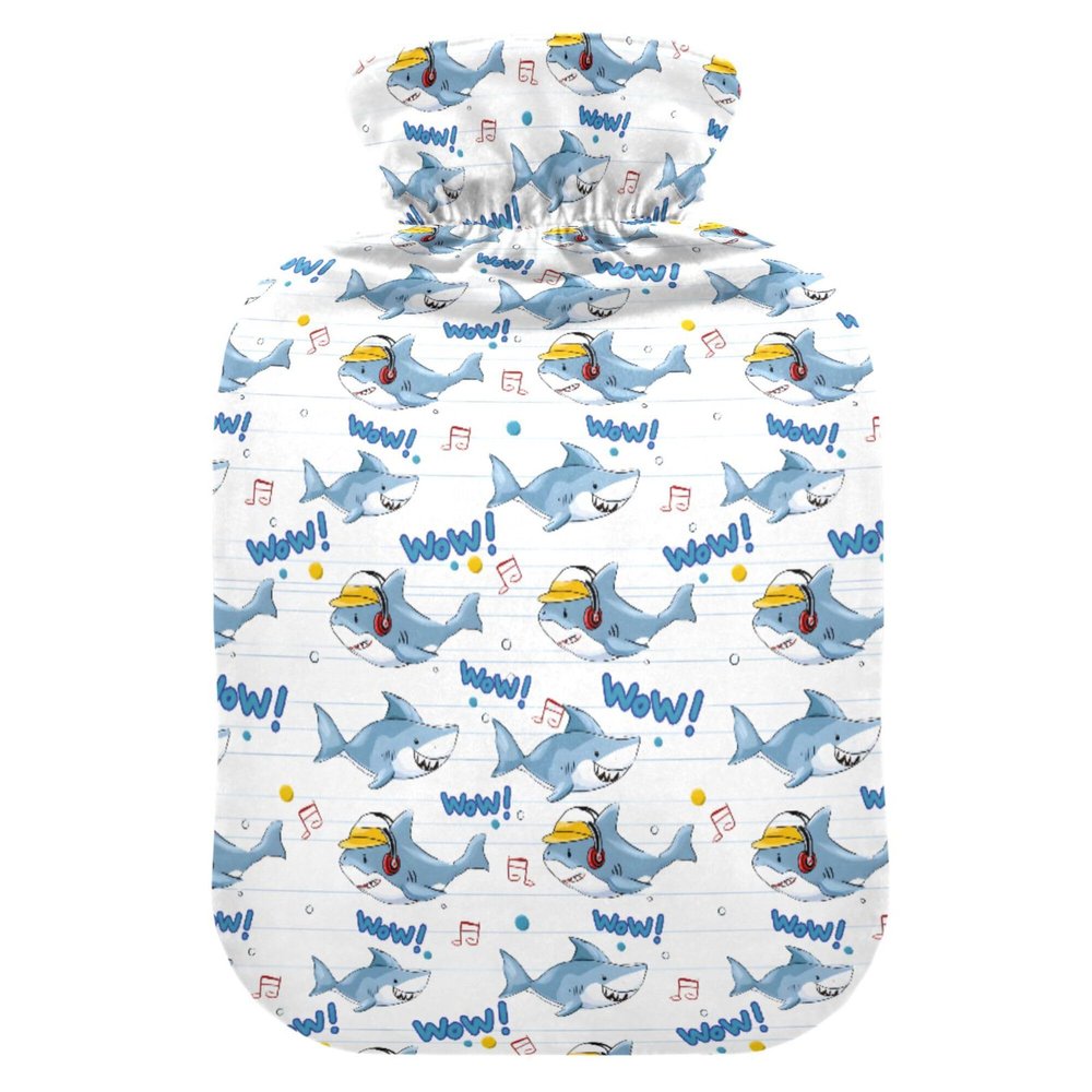 1 L Hot Water Bottle Blue Shark Hot Water Bottle with Cover Soft Velvet Leak Proof Screw Plug Best for Winter Sports Outdoors