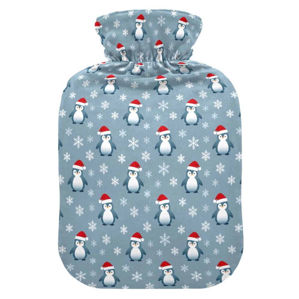 1 L Hot Water Bottle Christmas Penguin Snowflake Hot Water Bottle with Cover Soft Velvet Leak Proof Screw Plug Best for Winter Sports Outdoors