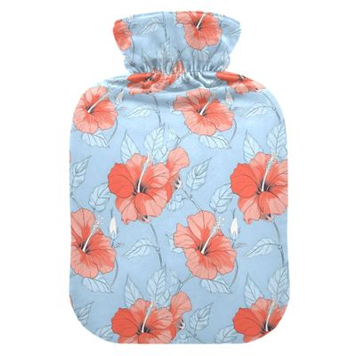 1 L Hot Water Bottle Red Hibiscus Leaves Hot Water Bottle with Cover Soft Velvet Leak Proof Screw Plug Best for Winter Sports Outdoors