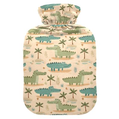 1 L Hot Water Bottle Alligator Palm Leaf Hot Water Bottle with Cover Soft Velvet Leak Proof Screw Plug Best for Winter Sports Outdoors