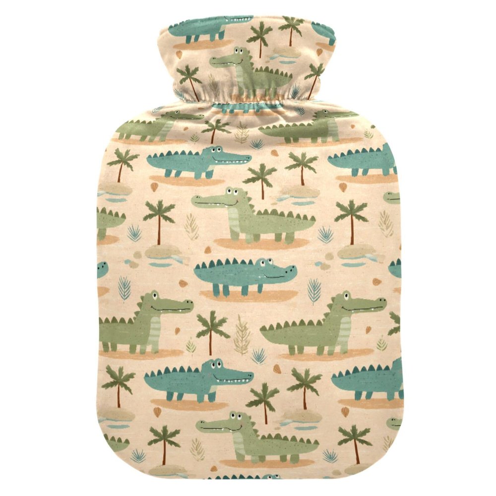 1 L Hot Water Bottle Alligator Palm Leaf Hot Water Bottle with Cover Soft Velvet Leak Proof Screw Plug Best for Winter Sports Outdoors