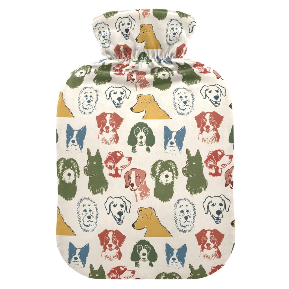 1 L Hot Water Bottle Beautiful Hand Drawn Dog Hot Water Bottle with Cover Soft Velvet Leak Proof Screw Plug Best for Winter Sports Outdoors