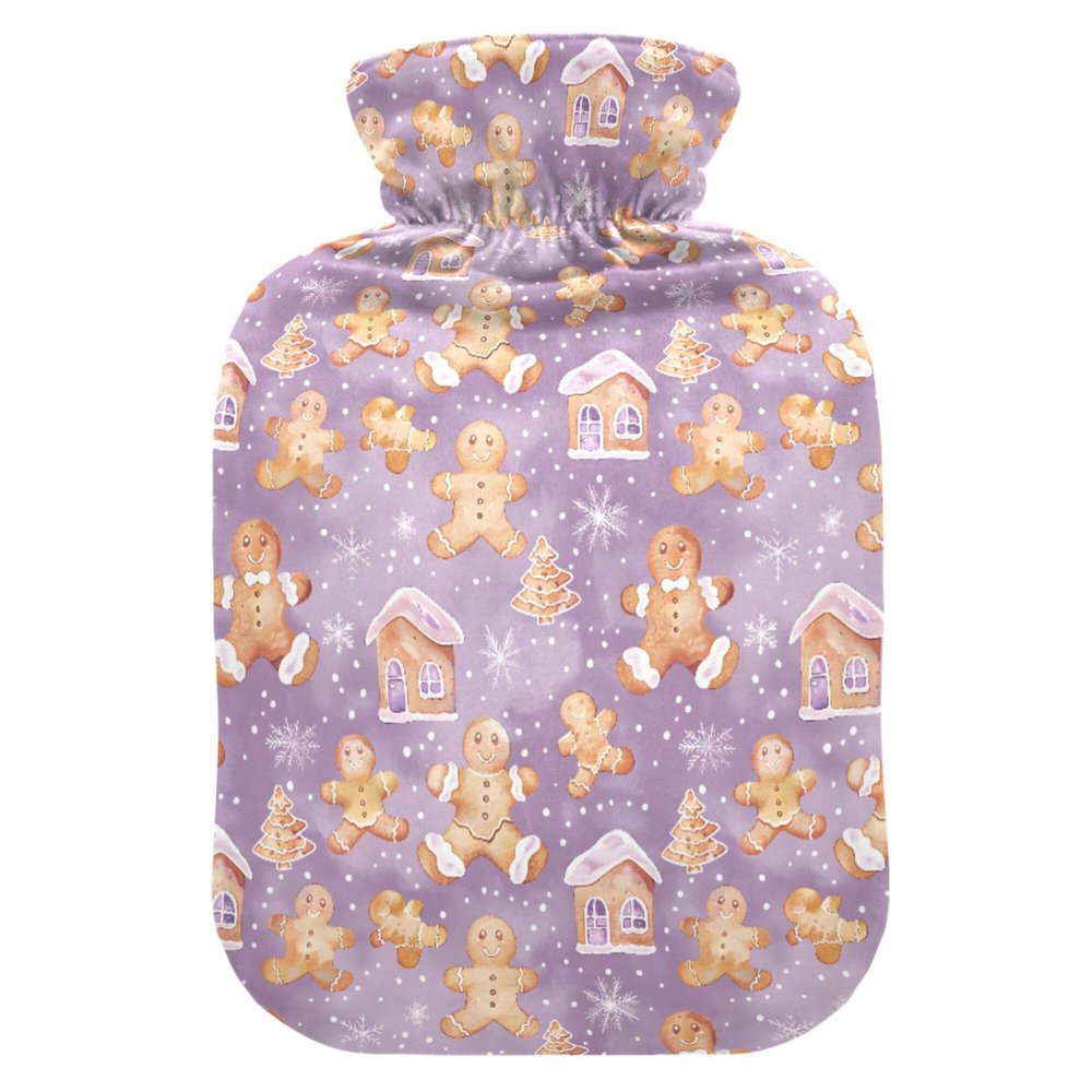 1 L Hot Water Bottle Gingerbread Man Snowflake House Hot Water Bottle with Cover Soft Velvet Leak Proof Screw Plug Best for Winter Sports Outdoors