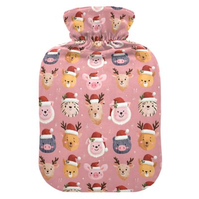 1 L Hot Water Bottle Animal Head Christmas Hat Hot Water Bottle with Cover Soft Velvet Leak Proof Screw Plug Best for Winter Sports Outdoors