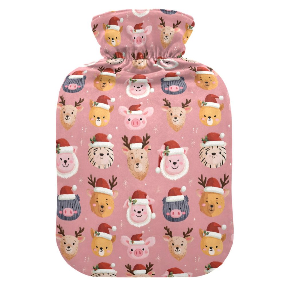 1 L Hot Water Bottle Animal Head Christmas Hat Hot Water Bottle with Cover Soft Velvet Leak Proof Screw Plug Best for Winter Sports Outdoors