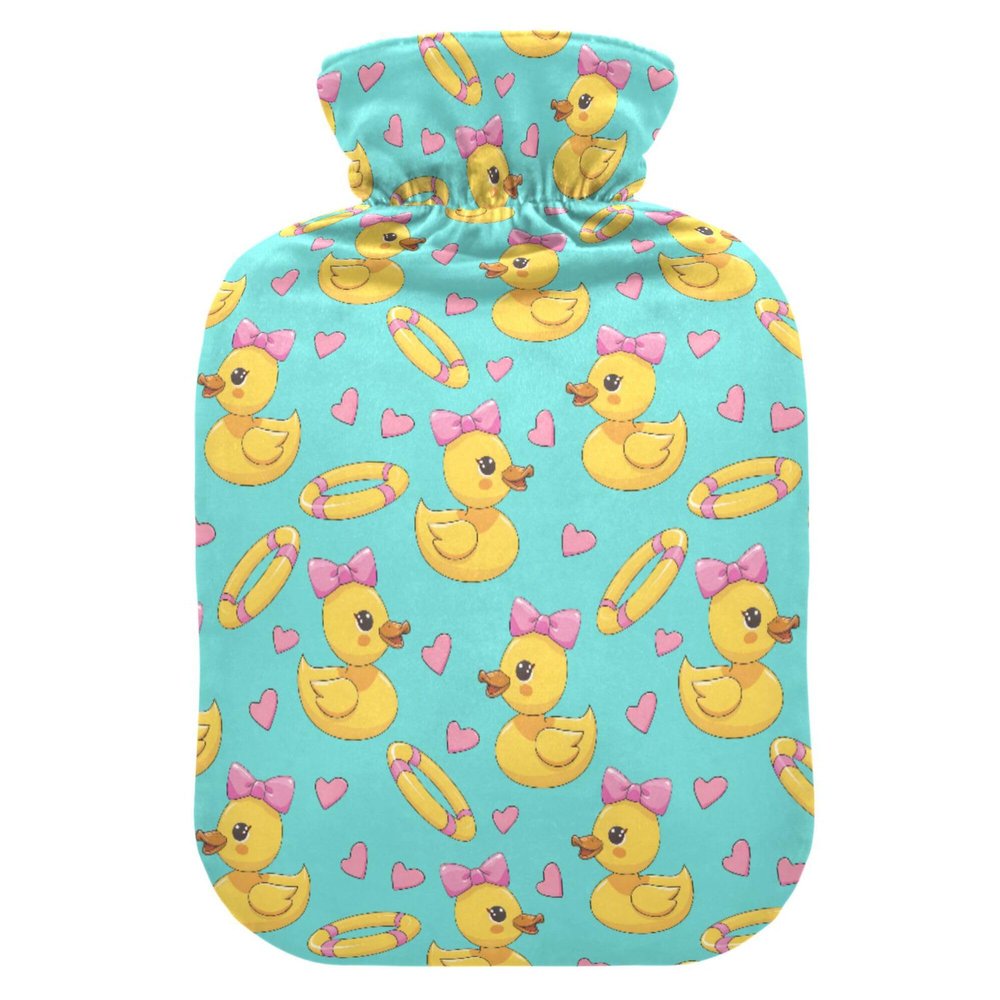 2 L Hot Water Bottle Yellow Duck Pink Bow Hot Water Bottle with Cover Soft Velvet Leak Proof Screw Plug Best for Winter Sports Outdoors
