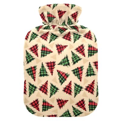 1 L Hot Water Bottle Red Green Plaid Christmas Tree Hot Water Bottle with Cover Soft Velvet Leak Proof Screw Plug Best for Winter Sports Outdoors