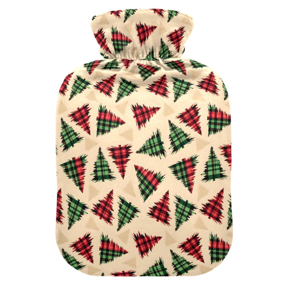 1 L Hot Water Bottle Red Green Plaid Christmas Tree Hot Water Bottle with Cover Soft Velvet Leak Proof Screw Plug Best for Winter Sports Outdoors
