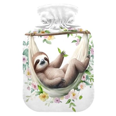 1 L Hot Water Bottle Watercolor Sloth Flower Hot Water Bottle with Cover Soft Velvet Leak Proof Screw Plug Best for Winter Sports Outdoors