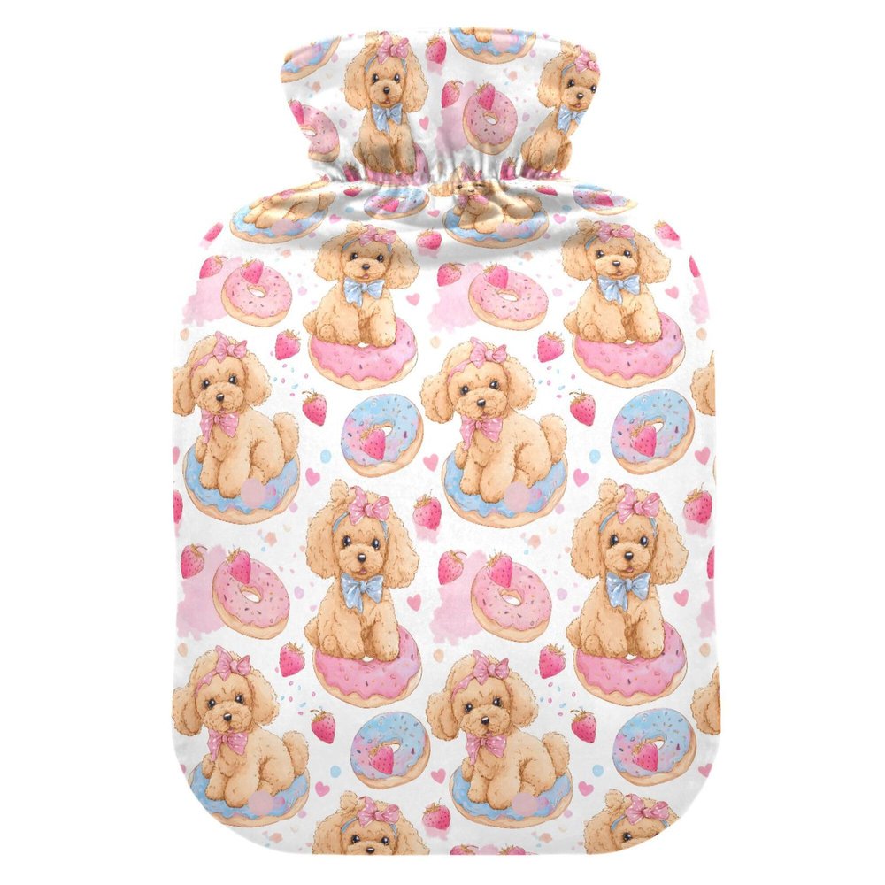 1 L Hot Water Bottle Doughnut Dog Hot Water Bottle with Cover Soft Velvet Leak Proof Screw Plug Best for Winter Sports Outdoors