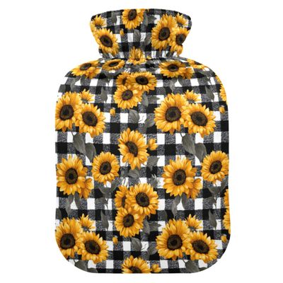 1 L Hot Water Bottle Sunflower Black and White Plaid Hot Water Bottle with Cover Soft Velvet Leak Proof Screw Plug Best for Winter Sports Outdoors