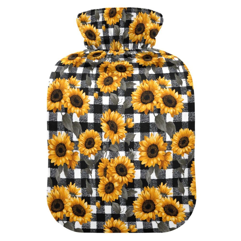 1 L Hot Water Bottle Sunflower Black and White Plaid Hot Water Bottle with Cover Soft Velvet Leak Proof Screw Plug Best for Winter Sports Outdoors