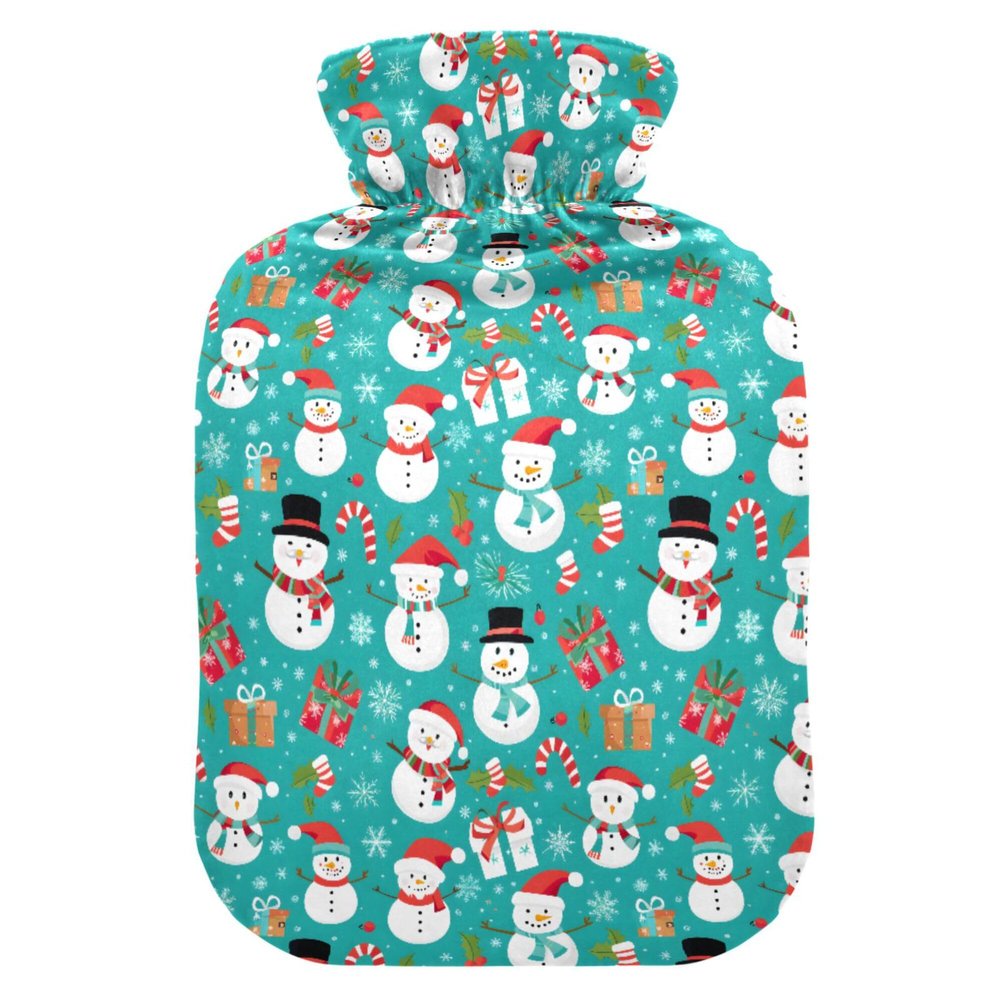 1 L Hot Water Bottle Christmas Snowmen Hot Water Bottle with Cover Soft Velvet Leak Proof Screw Plug Best for Winter Sports Outdoors