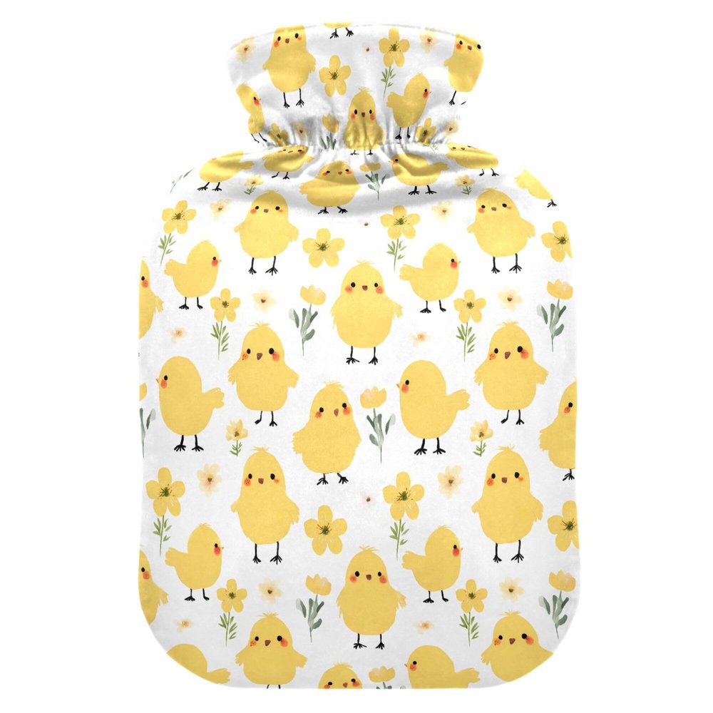 1 L Hot Water Bottle Chick Flowers Hot Water Bottle with Cover Soft Velvet Leak Proof Screw Plug Best for Winter Sports Outdoors