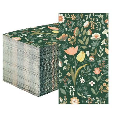 100Pcs Vintage Floral Spring Paper Napkins 3 Ply Boho Chic Decor Paper Disposable Absorbent Hand Towels Dark Green Floral Napkins for Rustic Garden Retro Outdoor Picnic Luncheon Dinner Party Supplies