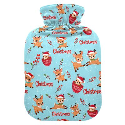 1 L Hot Water Bottle Christmas Reindeer Hot Water Bottle with Cover Soft Velvet Leak Proof Screw Plug Best for Winter Sports Outdoors