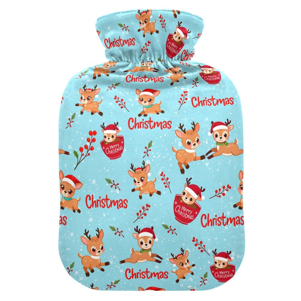 1 L Hot Water Bottle Christmas Reindeer Hot Water Bottle with Cover Soft Velvet Leak Proof Screw Plug Best for Winter Sports Outdoors