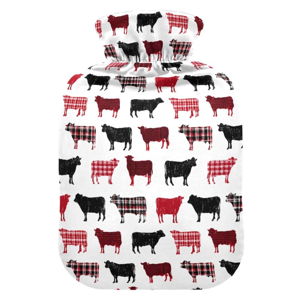 1 L Hot Water Bottle Cow Plaid Hot Water Bottle with Cover Soft Velvet Leak Proof Screw Plug Best for Winter Sports Outdoors